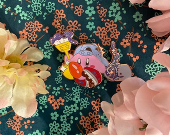Copper 2.25” Paint Kirby Enamel Pin with Glitter and Screenprinted Effects - Kirby Nostalgic Gaming Jacket Lapel Pin Badge