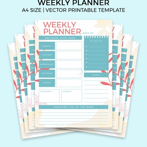 Pode incluir: Uma pilha de páginas de planejador semanal imprimíveis com um esquema de cores azul claro e branco. O planejador inclui seções para de segunda a domingo, uma lista de tarefas, notas e uma lista de compras. As páginas são decoradas com um design floral em tons de rosa e vermelho.