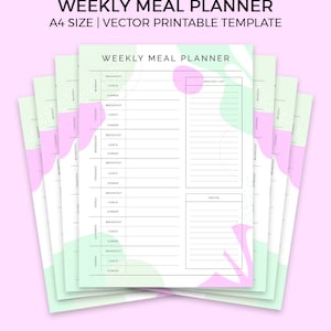 Pode incluir: Um modelo de planejador de refeições semanal imprimível com um design abstrato verde e roxo. O planejador inclui seções para o café da manhã, almoço, jantar, lanches e uma lista de compras.