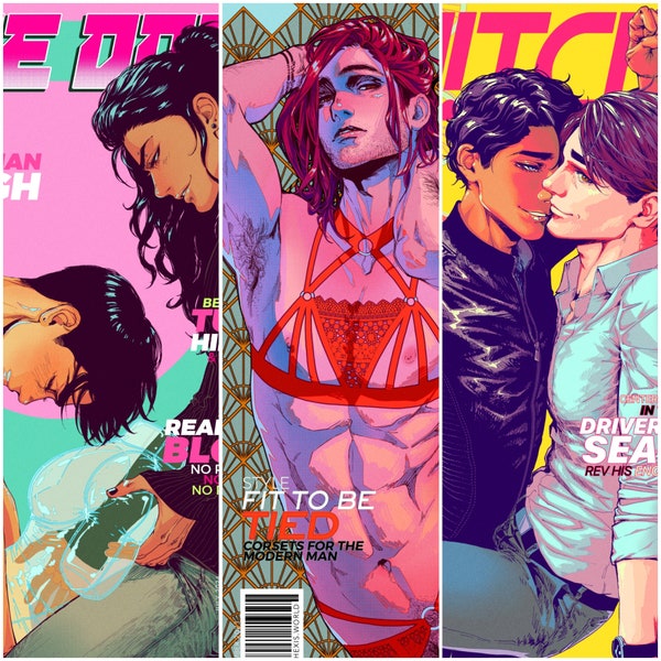 Choose 2: Kinktober 2023 5.5x8.5” Posters Sex Therapy Mature Gay Art magazine covers BL manga comic BDSM chastity leather CATHEXIS Mature