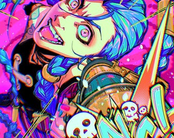 May include: Digital artwork with a dynamic character in a comic book style. The character has blue hair and is set against a pink backdrop. The word "BANG" is displayed with skull motifs, and the text "CATHEXIS" is also present.
