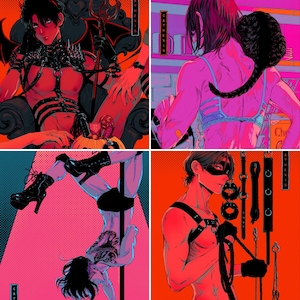 May include: A collage of four images featuring different people in various poses. The images are in a red, pink, and black colour scheme. The first image shows a person wearing a black leather harness and a crown of thorns. The second image shows a person wearing a pink bra and a black cat. The third image shows a person wearing a black harness and a mask. The fourth image shows a person wearing a black harness and a mask. The images are all set against a red background.
