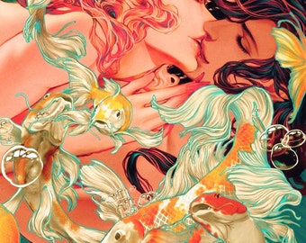 Koi 11” x 17” Print Mermaid Merman Fish Underwater Kiss Original Art Pond