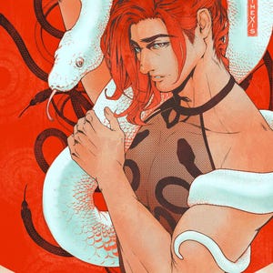 May include: An illustration featuring a person with red hair and a black top, holding a large white snake. The background is red with black snakes. The artist's name, "CATHEXIS", is in a red box.
