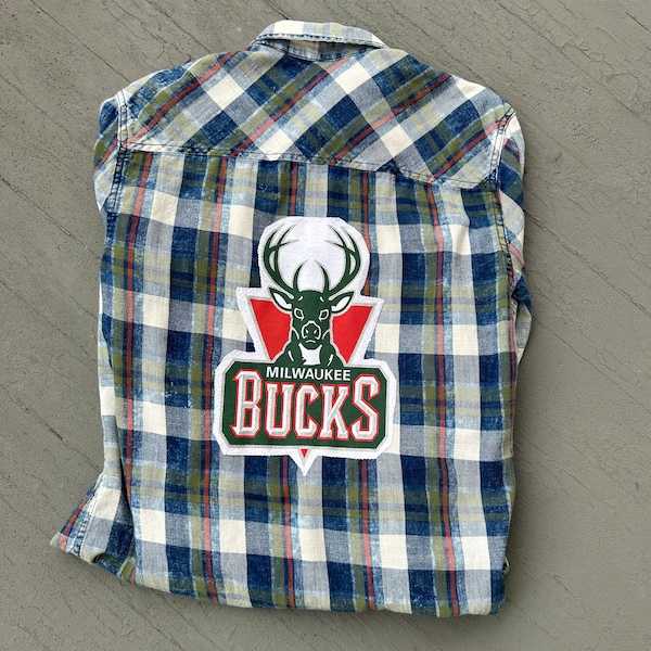 Milwaukee Bucks Plaid Upcycled Western Style Snap Button Shirt Medium