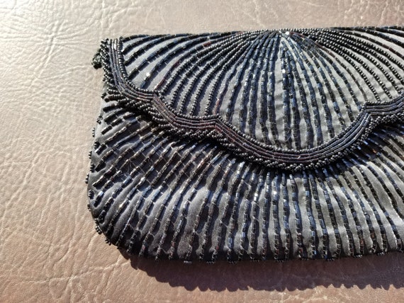 Vintage 80s Evening Bag / Hand Beaded Black Clutc… - image 2