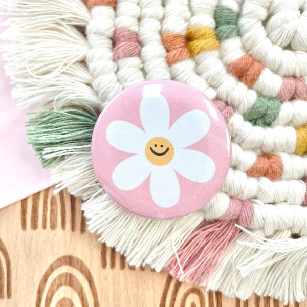Pink Happy Face Daisy 1.25" Pinback Button, Cute Trendy Bag Accessory Button, Popular Adorable Minimalist Button, Floral Nature Button