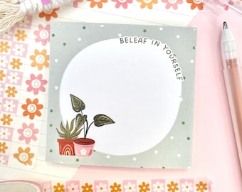 Beleaf In Yourself Sticky Note, Papelería estética de plantas en macetas, Lindo y moderno Bloc de notas de notas adhesivas para mamá de plantas, Papelería motivacional