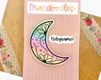Holographic Floral Moon Sticker, Waterproof Sticker, Rainbow Sticker, Nature Sticker, Mardoodles Company, Mardoodles, MardoodlesCompany