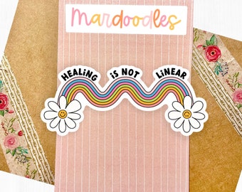 Healing Is Not Linear Sticker, Water Resistant Happy Sad Face Rainbow Laptop Decal, Mental Health Stickers, Trendy Rainbow Daisy Sticker