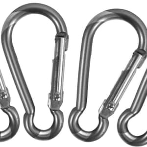 May include: Four silver metal carabiner clips with a spring-loaded gate.