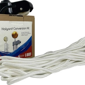 May include: A halyard conversion kit for a telescoping flagpole. The kit includes a white rope, a black pulley, and a brown cardboard box with the text "Halyard Conversion Kit" printed on it.