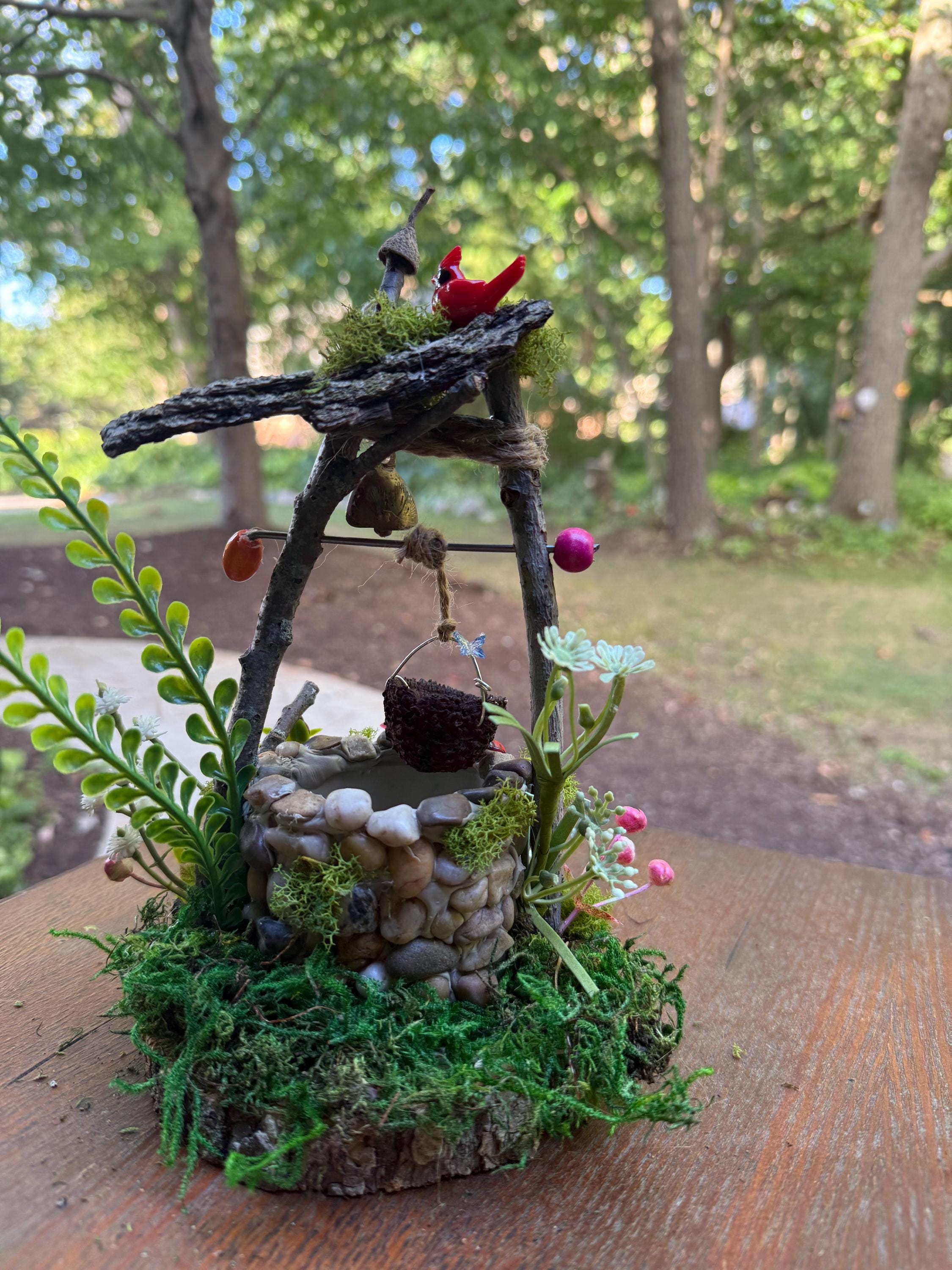 Enchanted Fairy Garden Wishing Well – Handmade Miniature With Cardinal ...