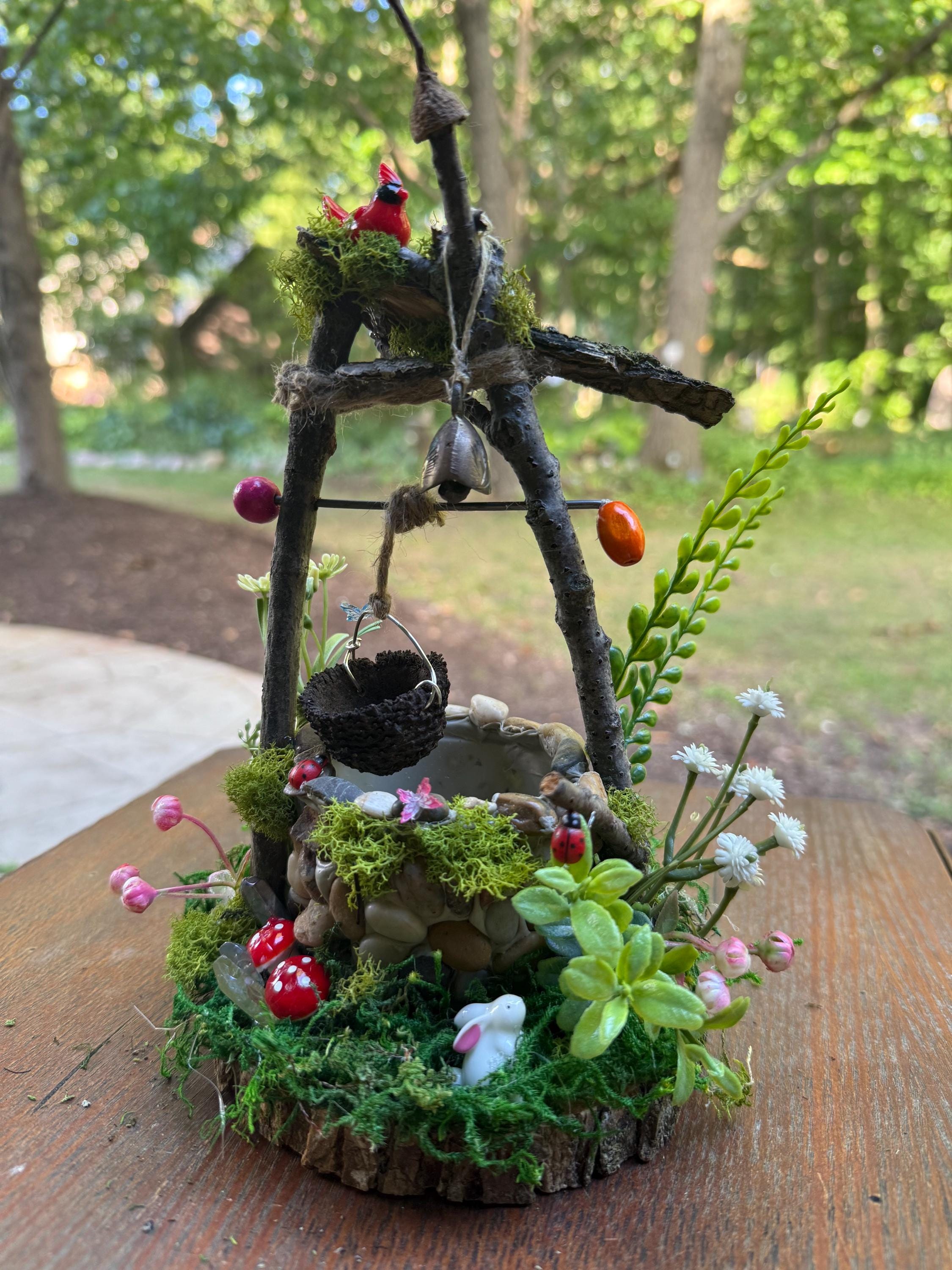 Enchanted Fairy Garden Wishing Well – Handmade Miniature With Cardinal ...
