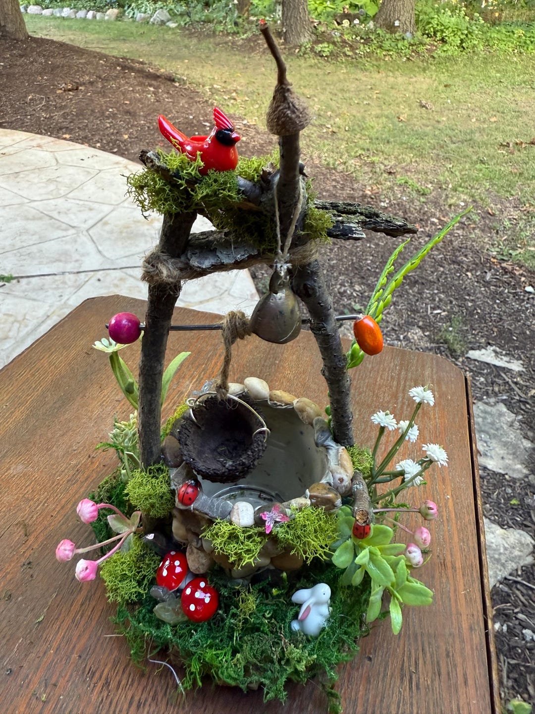 Enchanted Fairy Garden Wishing Well – Handmade Miniature With Cardinal ...