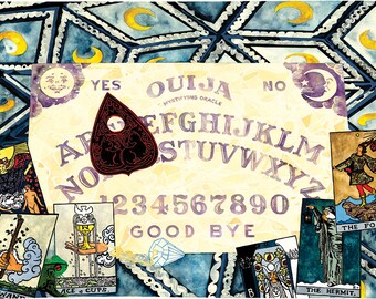 Ouija Board Poster, Ouija Planchette Art Print, Ouija Board Seance Art Print, Ghost Art, Spirit Art, Tarot Illustrated Poster Art