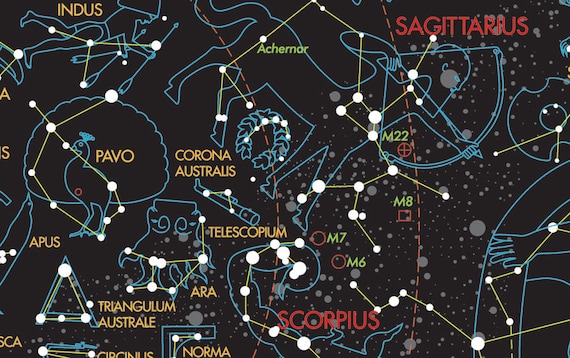 星座図、星図ポスター、天体イラスト付き星座ポスターチャート、北半球