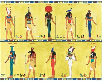 Dioses y diosas del antiguo Egipto, póster artístico de la mitología egipcia, arte arqueológico.