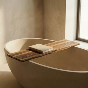 Bandeja de baño de madera de olivo: organizador de bañera de madera natural, bandeja de spa de lujo, accesorio de baño sostenible