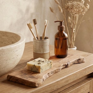 Bricka i olivträ – Handgjort rustikt badrumsställ – Naturlig tvål- och dispenserbas – Wabi-Sabi Decor bild 1