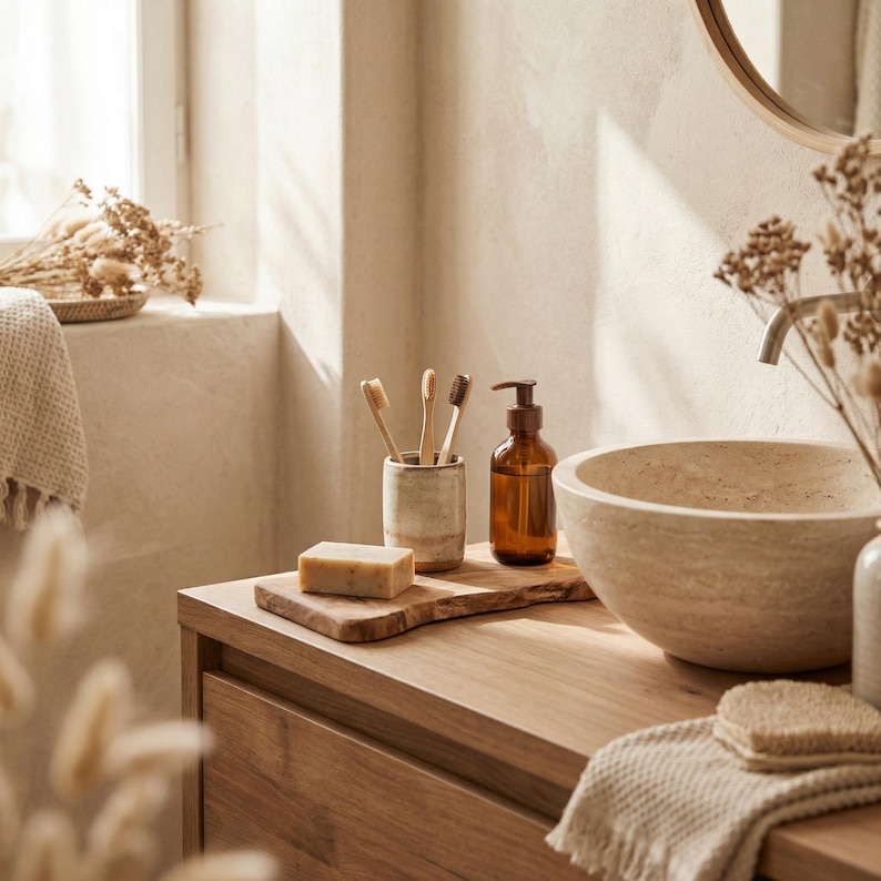Bricka i olivträ – Handgjort rustikt badrumsställ – Naturlig tvål- och dispenserbas – Wabi-Sabi Decor bild 3