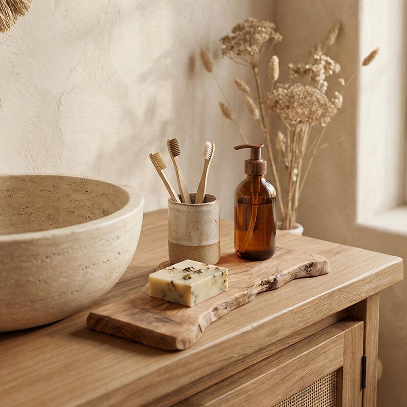 Bricka i olivträ – Handgjort rustikt badrumsställ – Naturlig tvål- och dispenserbas – Wabi-Sabi Decor bild 5