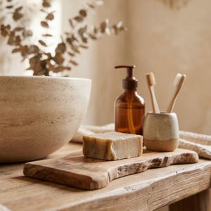 Bricka i olivträ – Handgjort rustikt badrumsställ – Naturlig tvål- och dispenserbas – Wabi-Sabi Decor bild 6