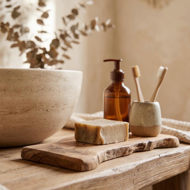 Bricka i olivträ – Handgjort rustikt badrumsställ – Naturlig tvål- och dispenserbas – Wabi-Sabi Decor bild 6