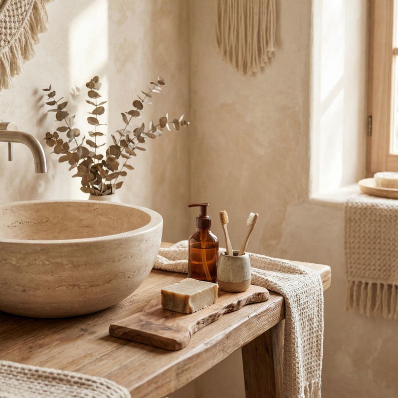 Bricka i olivträ – Handgjort rustikt badrumsställ – Naturlig tvål- och dispenserbas – Wabi-Sabi Decor bild 7