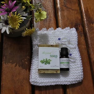 Olive Oil Thyme Soap, Pure  Thyme Essential Oil and Cotton White Washcloth Mothers Day Gift Set
