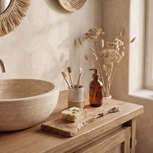Bricka i olivträ – Handgjort rustikt badrumsställ – Naturlig tvål- och dispenserbas – Wabi-Sabi Decor bild 4