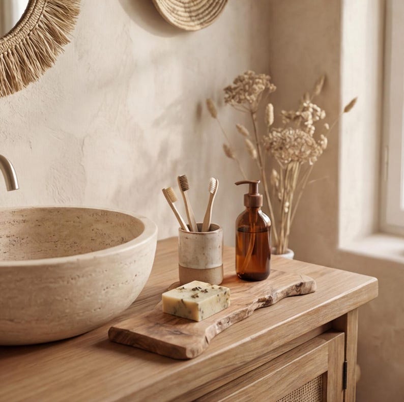 Bricka i olivträ – Handgjort rustikt badrumsställ – Naturlig tvål- och dispenserbas – Wabi-Sabi Decor bild 4
