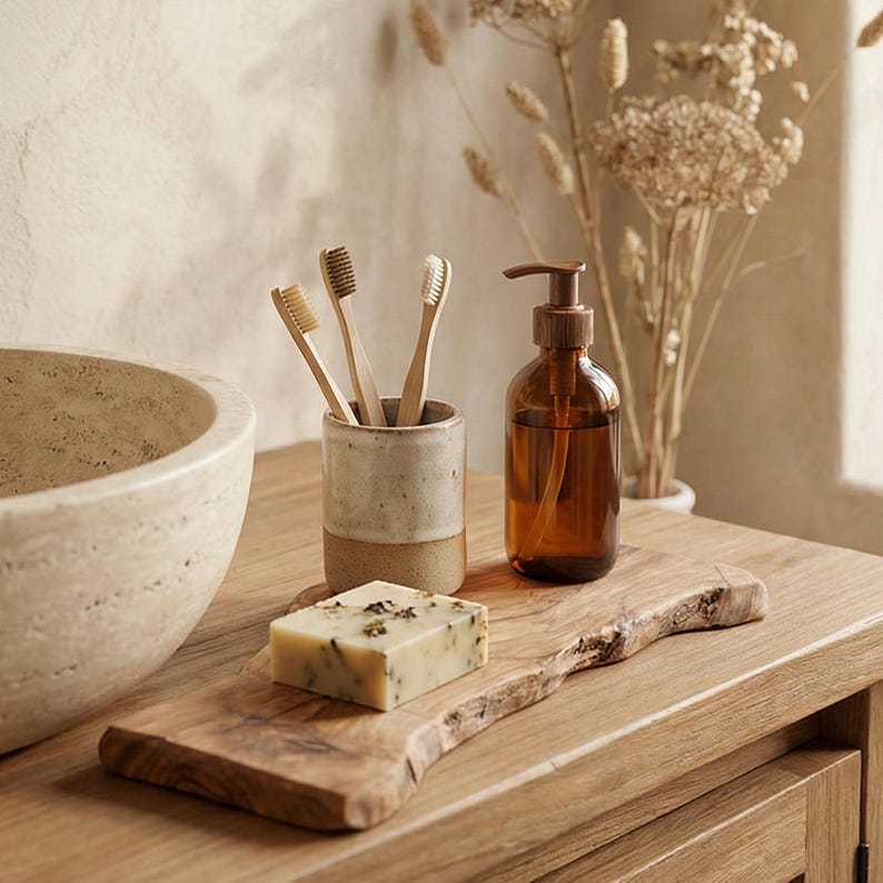 Bricka i olivträ – Handgjort rustikt badrumsställ – Naturlig tvål- och dispenserbas – Wabi-Sabi Decor bild 1