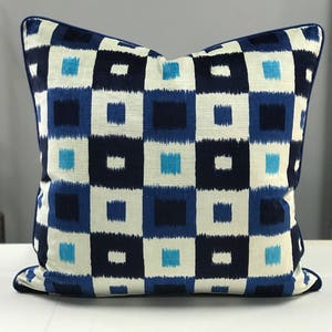 Blue & White Cream Patterned 22&quot;x22&quot; Velvet Pillows w/ Contrast Suede Pipping Set of 2