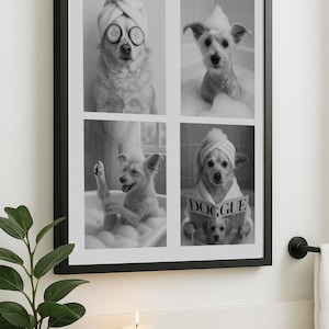 May include: Black and white framed print featuring four panels of dogs in a spa setting. One dog wears a towel and cucumber slices, another in a bubble bath, and a third reading a magazine. The magazine reads "DOGGUE".