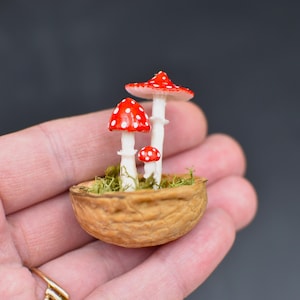 Mini Mushroom in Walnut shell miniature Mushroom decor Christmas gift walnut moss ornaments Handmade Ornament Holiday decor