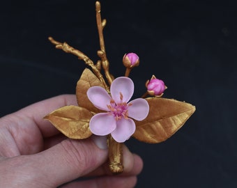 Handmade Cherry Blossom Brooch: Gold Sakura Floral Pin