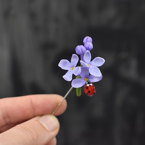 Handmade Lilac Flower Brooch: Ladybug Polymer Clay Pin