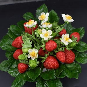 Strawberries in a flowerpot Cold porcelain strawberries Red berries of wild strawberry Clay flowers Ceramic floristry  Berry decor