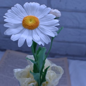 May include: A single white daisy with a yellow centre is arranged in a white lace vase. The flower is surrounded by green leaves.