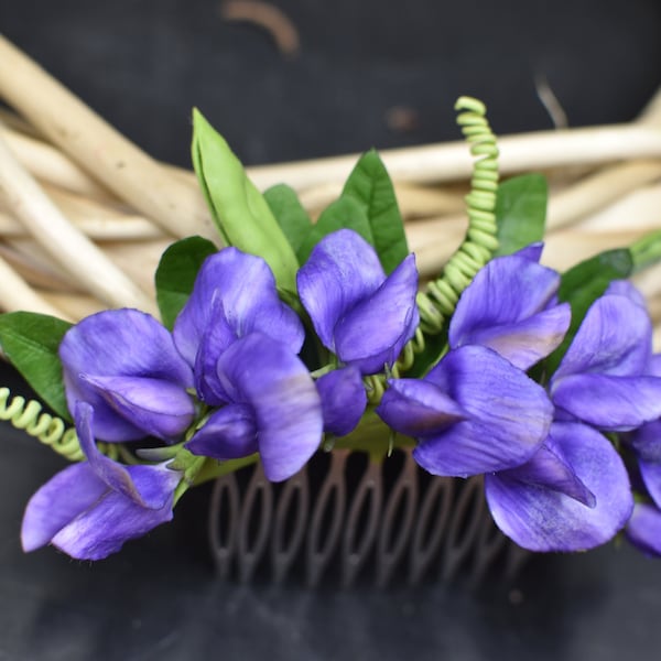 Violeta dulce guisante peine del pelo flor de porcelana fría hecho a mano guisante dulce floral elegante joyería flores de arcilla boda peine guisante arcilla pasador de pelo