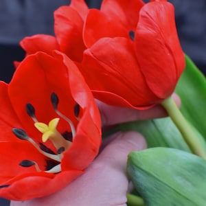 Tulipán rojo: decoración floral de porcelana fría hecha a mano (33 cm)