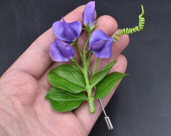 Sweet Pea Brooch: Handmade Violet Cold Porcelain Floral Pin
