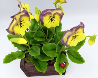 Handmade Polymer Clay Pansies in Wooden Pot: Rustic Floral Arrangement