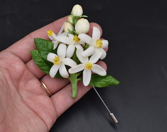 Brooch orange blossom flowers cold porcelain Wedding boutonniere Boutonniere for bridesmaids White wedding brooch with orange flowers clay
