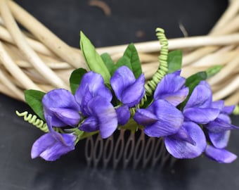 Violet Sweet Pea Hair Comb: Handmade Cold Porcelain Floral Jewelry