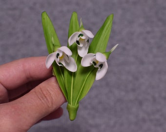 Handmade Snowdrop Brooch: Cold Porcelain Flower Pin