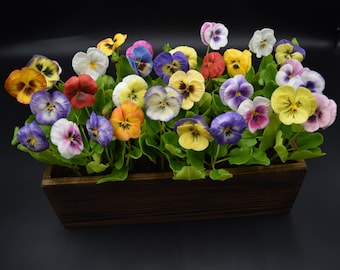 Buquê de amor-perfeito em porcelana fria, arranjo floral feito à mão em argila polimérica.