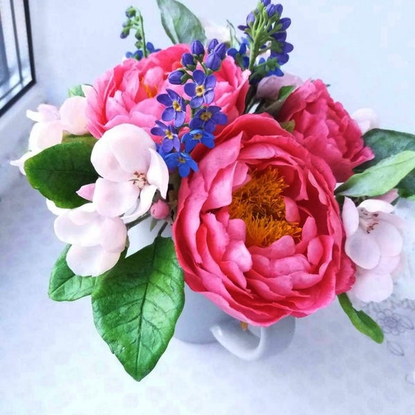 Flower arrangement with peonies apple and forget-me-nots iPink peonies peonies bouquet spring flowers flower composition blooming apple tree