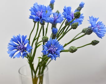 Cold Porcelain Cornflower Branch: Handmade Botanical Sculpture